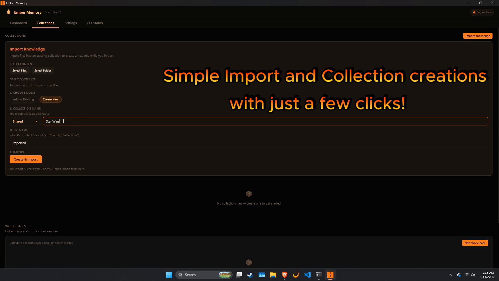 Recorded ember-memory controller demo showing collection import